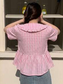 Hapijoa Tween Girl Plaid Peter Pan Collar Short Sleeve Single-Breasted Cute Blouse Summer - Coral Pink - View 2