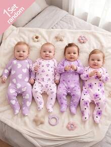 SHEIN Vintaside Kids [買4送1] 紫色花卉、愛心與蝴蝶結印花嬰兒連身褲，柔軟面料適用於春/夏，嬰兒長袖連身褲、休閒褲、睡衣，可愛時尚紫色愛心 - 彩色 - 查看 3