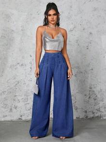 Selenza Petite Women's Pleated Design Wide Leg Loose Casual Jeans - Dark Wash - View 7