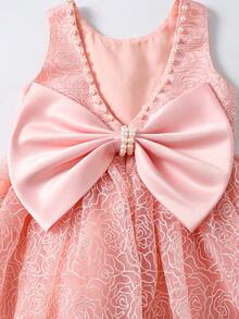 SHEIN Glamorique Kids Glamorique 女童粉色無袖珍珠蝴蝶結深V露背花卉刺繡薄紗芭蕾舞裙婚紗禮服 - 粉色 - 查看 5