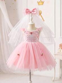 SHEIN Glamorique Kids 女孩公主洋裝，細肩帶搭配荷葉袖，粉色薄紗公主長裙，亮片，舞會禮服，優雅正式洋裝，畢業禮服，夏季洋裝 - 粉色 - 查看 4