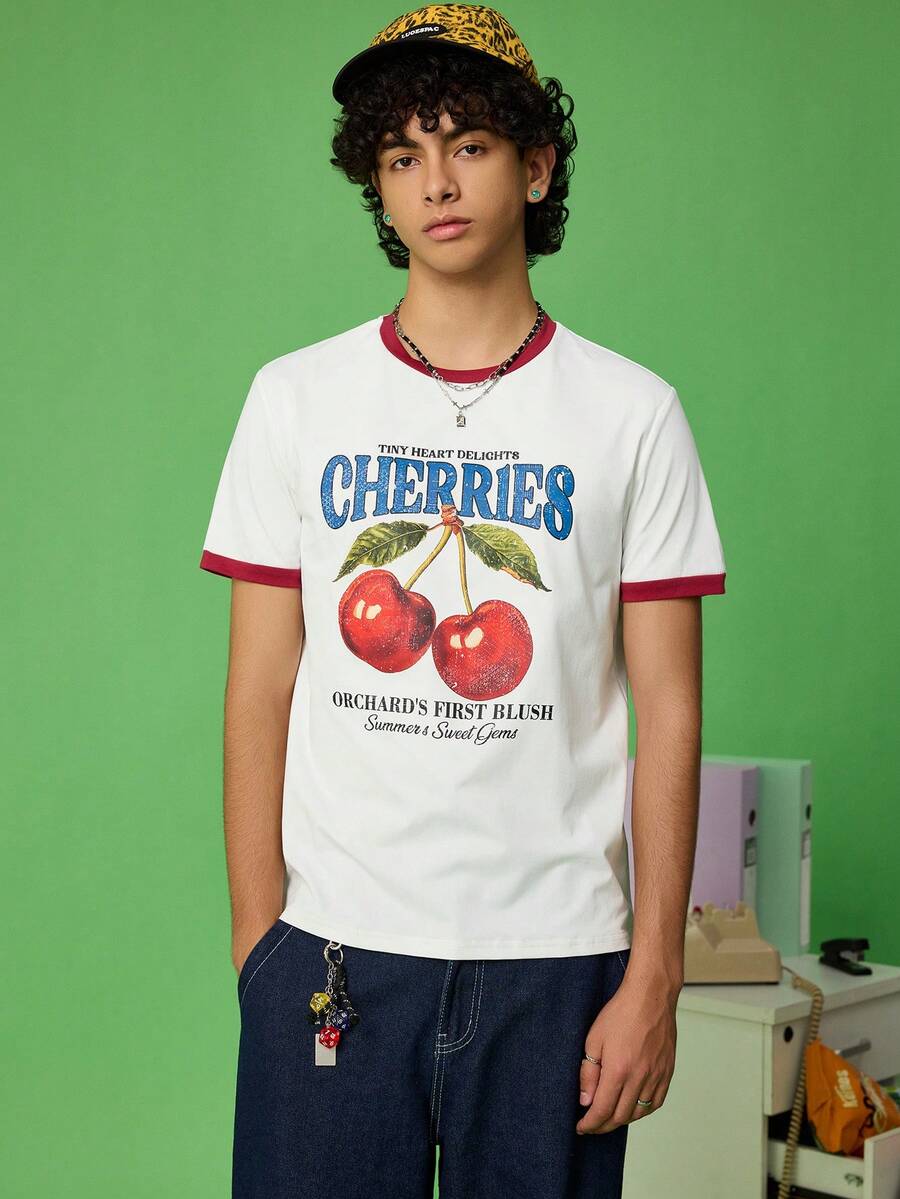 FROVYX Men's Casual Cherry Fruit Print Color Block T-Shirt, Spring - Multicolor - View 1