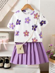 SHEIN Elladie kids 两件套：少女白色上衣，饰有3D情人节红色爱心图案T恤，搭配红色百褶裙 - 彩色 - 查看 4