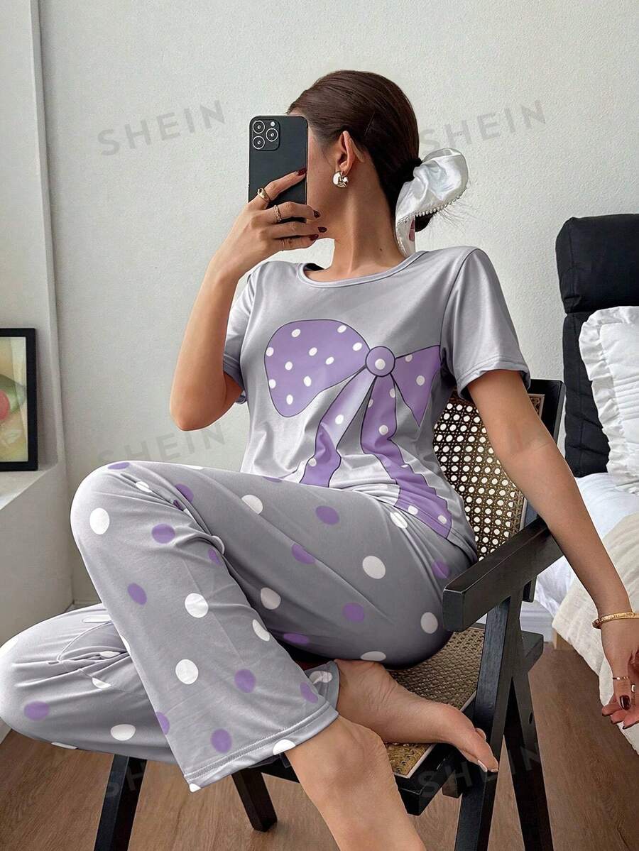 SHEIN 大蝴蝶結波點印花短袖長褲女款睡衣套裝 - 彩色 - 查看 1