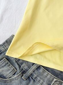 Tween Girls Tween Girl Cream Yellow Patchwork Ruffle V-Neck Fitted Short Sleeve T-Shirt - Yellow - View 5