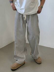 SHEIN Teen Boy Teen Boys Casual Vacation Style Straight-Leg Loose Striped Pants With Drawstring Waist, Suitable For Birthday Parties, Evening Parties, Performances, Weddings, Baptisms, Opening Ceremonies Daily Suitable For Daily Use Suitable For School Suitable For Travel Suitable For Sports Suitable For Spring And Summer Outfits - Black and White - View 3