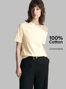Ontre 女款100%純棉奶油白不對稱肩T恤，時尚日常寬鬆版型短袖上衣，夏季休閒商務，返校穿搭 - 淡黃色 - 查看 6