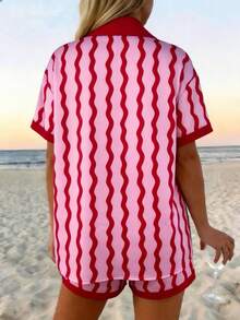 Vaclyn Women's Wavy Striped Short Sleeve Single-Breasted Top And Elastic Waist Shorts Set - Red - View 2