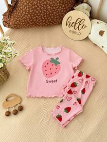 SHEIN Two Pieces Set Of Newborn Baby Girl Strawberries Print T-Shirts And Shorts, Perfect For Summer. - Baby Pink - View 9