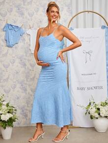 Loomaby Vestido elegante de tirantes finos con encaje floral y bajo de cola de pez para maternidad - Azul - Ver 13