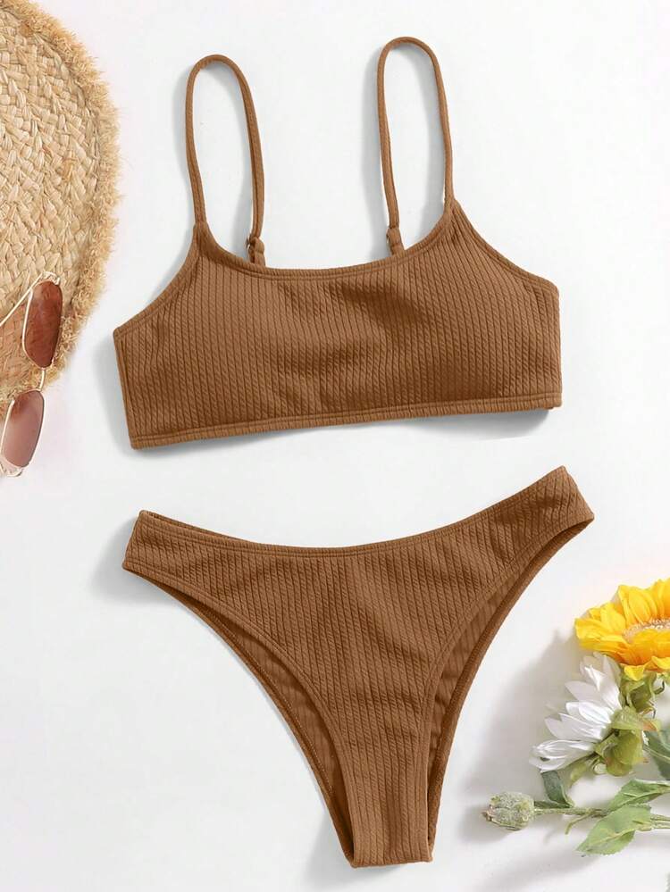 Swim Mod Bộ bikini nữ Summerbeach màu trơn gồm áo camisole crop top và quần dưới - Cà phê nâu - Xem 3