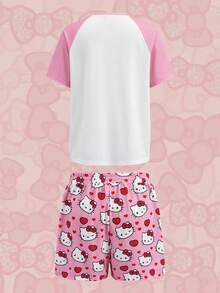 HELLO KITTY AND FRIENDS | SHEIN Women's Cartoon Print Raglan Short Sleeve Top And Shorts Pajama Set - Multicolor - View 2