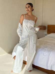 DAZY 3pcs Vacation Style Polka Dot Textured Fabric Women Pajama Set - White - View 6