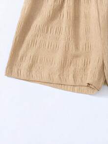 SHEIN Teen Girls Black Woven Textured Jacquard Bubble Check High Waist Shirred Drawstring Loose Vacation Street Holiday Casual Versatile Minimalist Shorts - Khaki - View 4