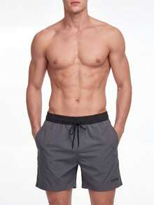 Manfinity KASUA Men Letter Graphic Drawstring Waist Swim Trunks & Compression Liner Milk Silk Lining,Hawaiian - Dark Grey - View 6