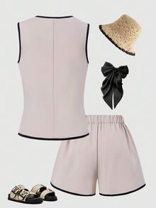 2pcs/Set Girls' Cute Greenandwhite Sleeveless Contrast Trim Open Front Vest Casual Shorts Set,3D Bow Faux Pearl Button Decor,Party Vacation Wear - Khaki - View 2