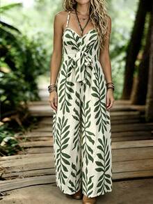 EMERY ROSE Plus Size Green Leaf Print Jumpsuit,Beige Summer Boho Beach Holiday,Spaghetti Strap High Waist Wide Leg Pants,Ivory Base,Lightweight & Flowing - White - View 1