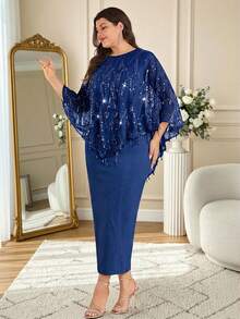 Modelyn Set 2 Potong Elegan untuk Wanita Ukuran Plus dengan Atasan dan Gaun Model Batwing Jala Berpayet - Royal Blue - View 8