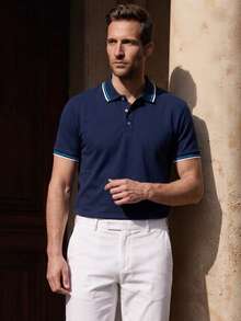 Officeau Men's Colorblock Striped Print Casual Short Sleeve Polo Shirt, Summer Men Polo Shirts - Royal Blue - View 10