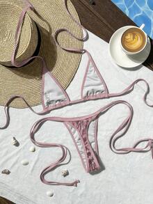 Swim Vcay 2pcs Spring/Summer Beach Vacation Textured Fabric Halter Triangle Bikini Top And Side Tie Thong Bottom Sexy Bikini Set - Pink - View 2