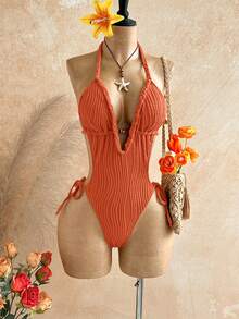 Soleia Women's Deep V-Neck Vertical Striped Textured Halter Neck Tie One-Piece Swimsuit - Burnt Orange - View 5