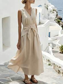 Breezaya Đầm không tay cổ chữ V thắt eo bằng vải lanh Pháp - Màu Khaki - Xem 3