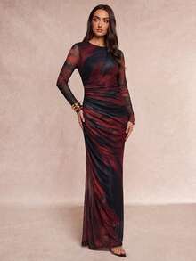 Silquee Este vestido de mujer marrón con estampado tie-dye de malla, cuello redondo y manga larga presenta una cintura ajustada con fruncido, resaltando el encanto femenino. Elegante y cautivador, es lo suficientemente versátil como para combinarse con cualquier cosa, desde citas, atuendos de temporada de bodas, fiestas de cóctel, fiestas románticas/ropa para citas, vestidos de noche, vestidos de día y noche, vestidos de dama de honor, vestidos de fiesta elegantes y con estilo, atuendo formal, ropa para citas románticas - Multicolor - Ver 5