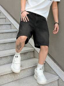 Manfinity EMRG 男士纯色复古休闲宽松牛仔短裤，夏季 - 黑色 - 查看 6