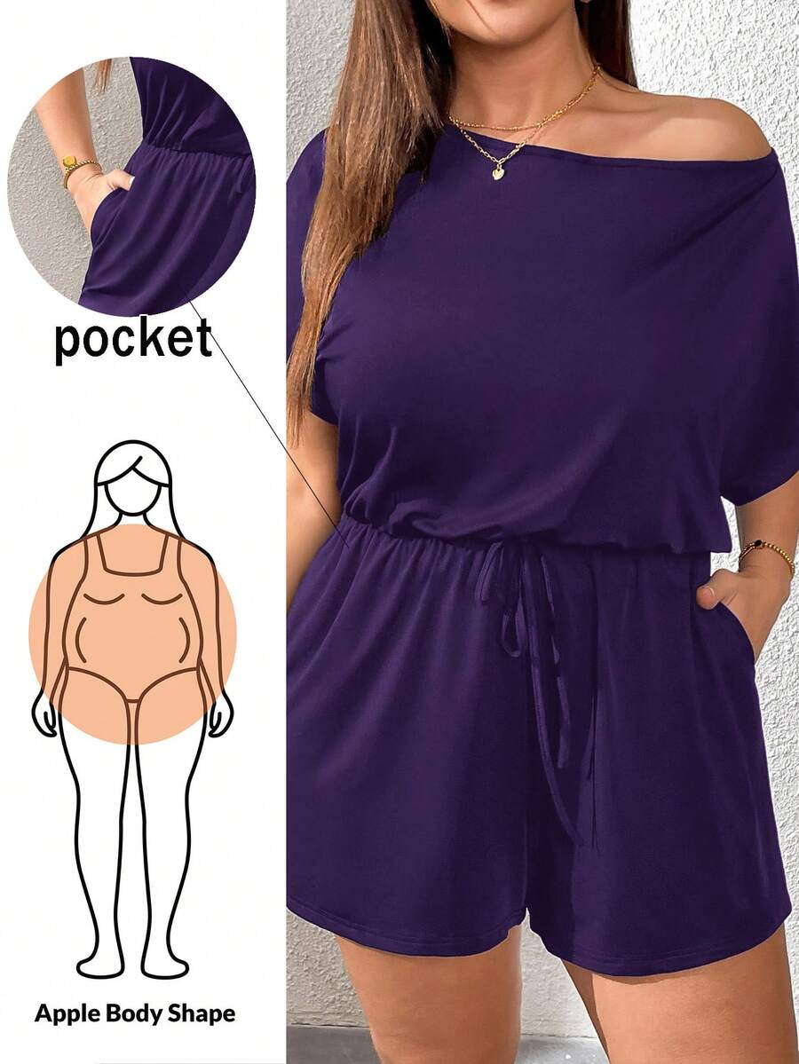 SHEIN Essnce Plus Size Women's Romper, Summer Wear, Shorts, Cutie Off-The-Shoulder,Summer Outfits For Women Summer,Rave Outfits Festival,Summer Outfits For Women Vacation Outfits Woman Casual Jumpsuit For Women - Purple - View 1