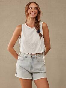 WESTFADE Floral Embroidered Side Tie Scalloped Cropped Tank Top, Country Style For Women, Beach, 4th Of July, Summer Outfit - White - View 4