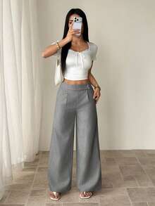 SHEIN PETITE 女款粉色竹纖維面料腰前疊層扣飾設計優雅教師制服專業休閒褲，感恩節萬聖節必備百搭寬鬆飄逸直筒褲，適合嬌小女性 - 深灰色 - 查看 4