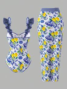 Swim Oasis 2026新款女士夏季沙滩度假荷叶边宽肩带金属银色五金柠檬植物印花性感露背长款纱笼式裹身高腰连体泳衣 - 彩色 - 查看 4