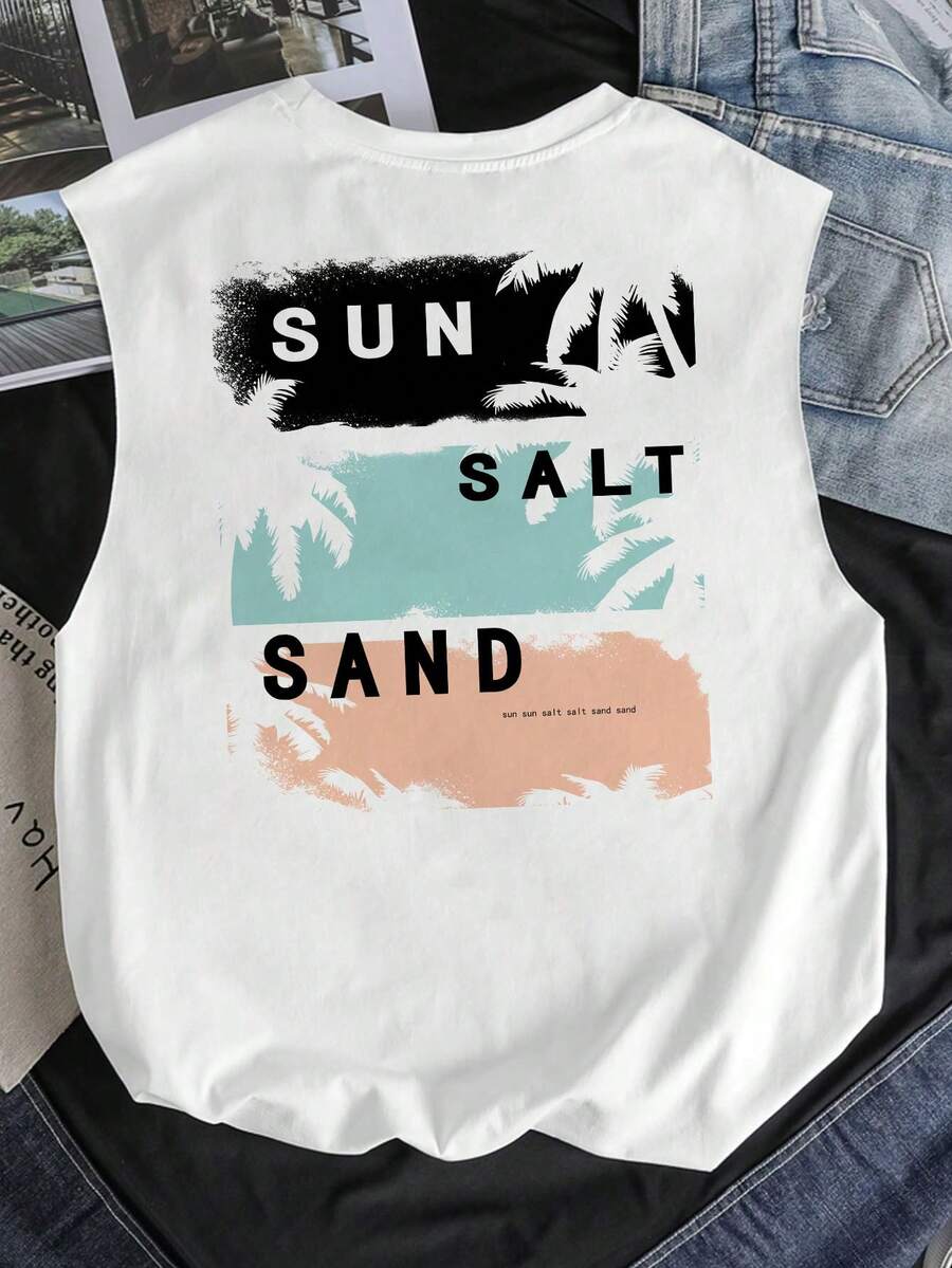 Tween Boys Casual Minimalist Round Neck Tank Top, Classic Vacation Palm Tree Graphic Print On Back, Suitable For Summer - White - View 1