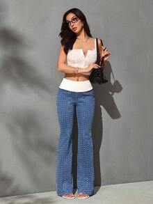 SHEIN Unity Women's High Waist Patchwork Elastic Waist Blue Polka Dot Flared Denim Jeans Everyday Going Out Winter Retro Vintage 70s Casual - Medium Wash - View 6