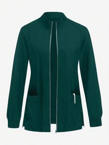 TaskEZ Solid Color Simple Zipper Pocket Long Sleeve Jacket - Dark Green - View 1