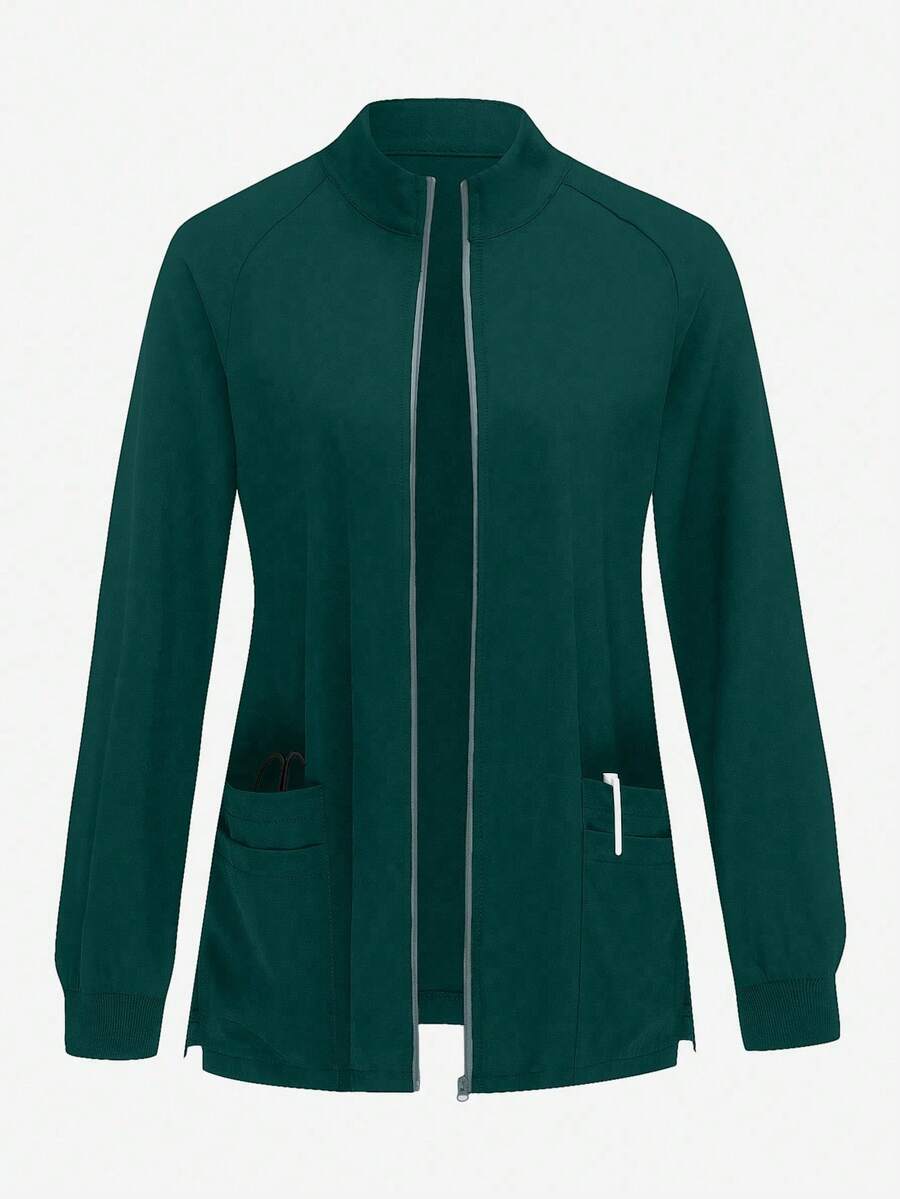 TaskEZ Solid Color Simple Zipper Pocket Long Sleeve Jacket - Dark Green - View 1