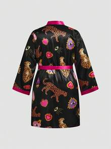 Chillnights Young Fashion Vibrant Heart Leopard Eye & Solid Color Print Satin Plus Size Women's Robe - Multicolor - View 2
