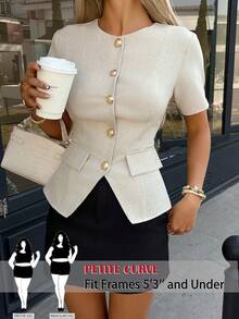 SHEIN PETITE CURVE Elegante Damen Bluse in Große Größen mit Knöpfen vorne und Kurzarm in Unifarbe - Aprikosenfarben - Übersicht 9