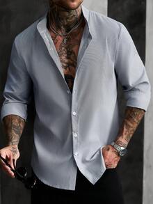 Manfinity Homme Kemeja Pria Lengan Panjang Kasual Kancing Depan Motif Garis-garis, Hadiah untuk Pacar, Cocok untuk Acara Musim Gugur - MultiWarna - View 6