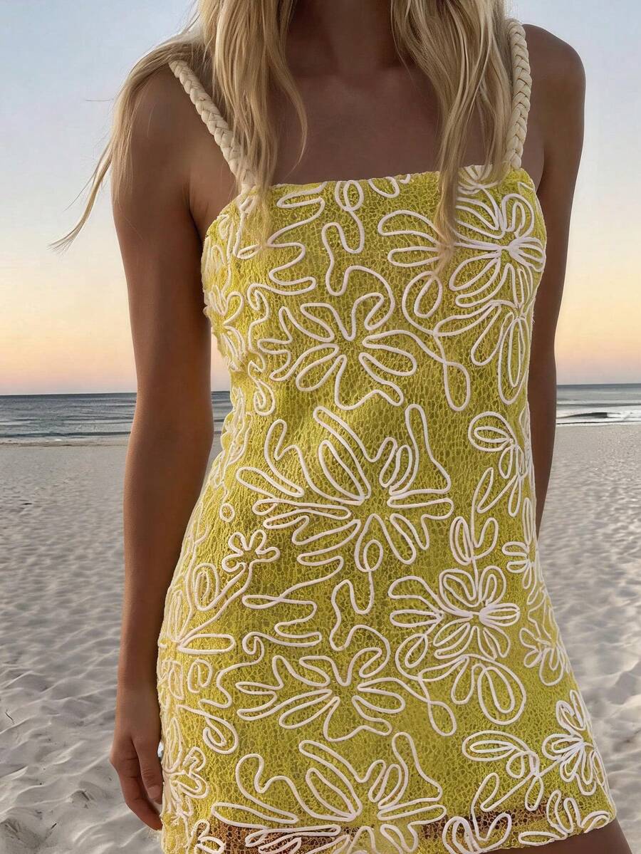 Travachic Vestido de tirantes con bordado de cuerda, estilo elegante para mujer - amarillo ganso - Ver 1