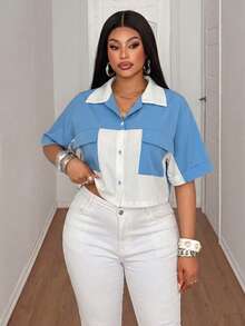 Maweii Summer Blue And White Plus Size Women Shirt,Smart Casual Office Elegant Loose Splice Niche Design Minimalist Vacation Fashionable Essential Blouse - Blue and White - View 1