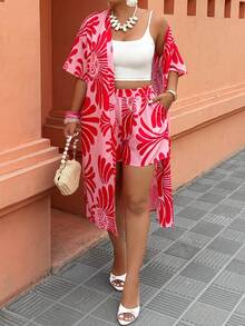 SHEIN Clasi Plus Size Women's Elastic Waist Leaf Print Shorts And Short Sleeve Robe Casual Daily Set - Multicolor - View 3