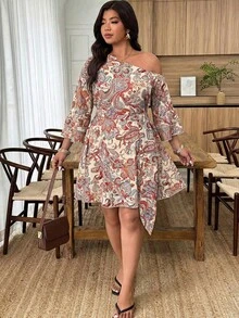 Weeklong Plus Size Women's Spring/Summer Asymmetric Neckline Cold-Shoulder Bohemian Print Ruffle Sleeve Button Waist Belt Tie A-Line Short Dress Fall - Multicolor - View 5