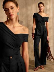 MOTF PREMIUM ASYMMETRICAL SHOULDER CRISS-CROSS RUCHED FITTED ELASTIC SHORT T-SHIRT - Black - View 7
