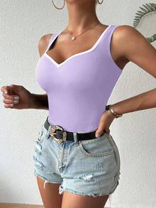 Chiquease Contrast Color Heart Collar Sleeveless Fitted Tank Top - Mauve Purple - View 3