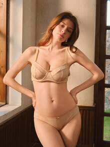 Bisouelle 1套女士纯色花卉图案钢圈舒适文胸套装 - 杏色 - 查看 3