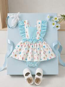 Souflis Souflis 1 chiếc váy bodysuit bé gái dễ thương tay cánh bướm màu trắng họa tiết hoa cầu vồng thỏ kèm nơ, phong cách ngọt ngào mùa hè, dùng cho dã ngoại, chụp ảnh lễ Phục sinh - Nhiều màu - Xem 6