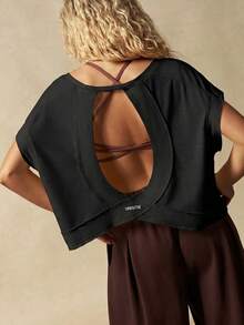 VARSIVA Tricou sport pentru femei, culoare uni, cu design fără spate și mânecă scurtă - Negru - Vizualizare 8
