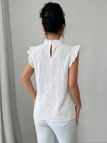 SHEIN 白色亞麻色藍色荷葉邊裝飾荷葉領短袖飄逸袖優雅女式襯衫 - 白色 - 查看 2