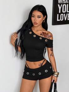 Coolane Women's Summer Streetwear Casual Gyaru  Y2K Concert Outfit Grunge Stretchy Grommet Eyelet Black Slim Fit Off Shoulder Crop T-Shirt Low Rise Short 2pcs - Black - View 4